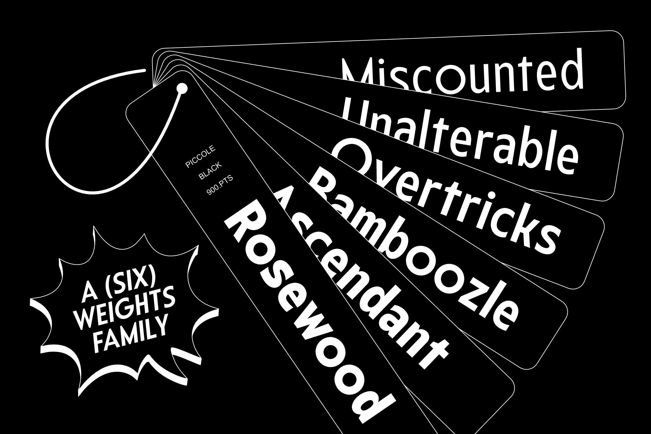 Rosewood font family swatch fan showing six weights on black tags with circular design element
