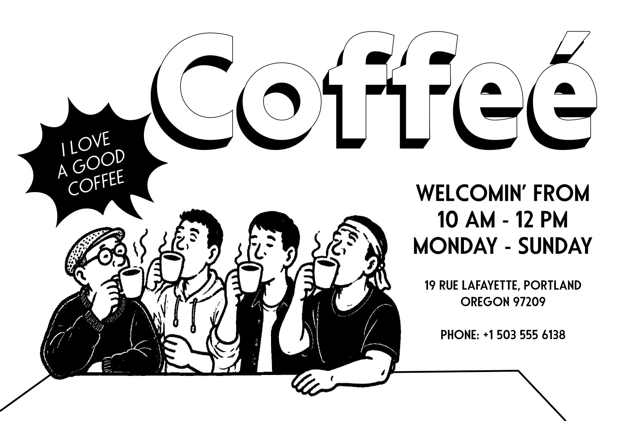 Retro coffee shop flyer with bold typography, four people holding mugs, hours, address, phone number