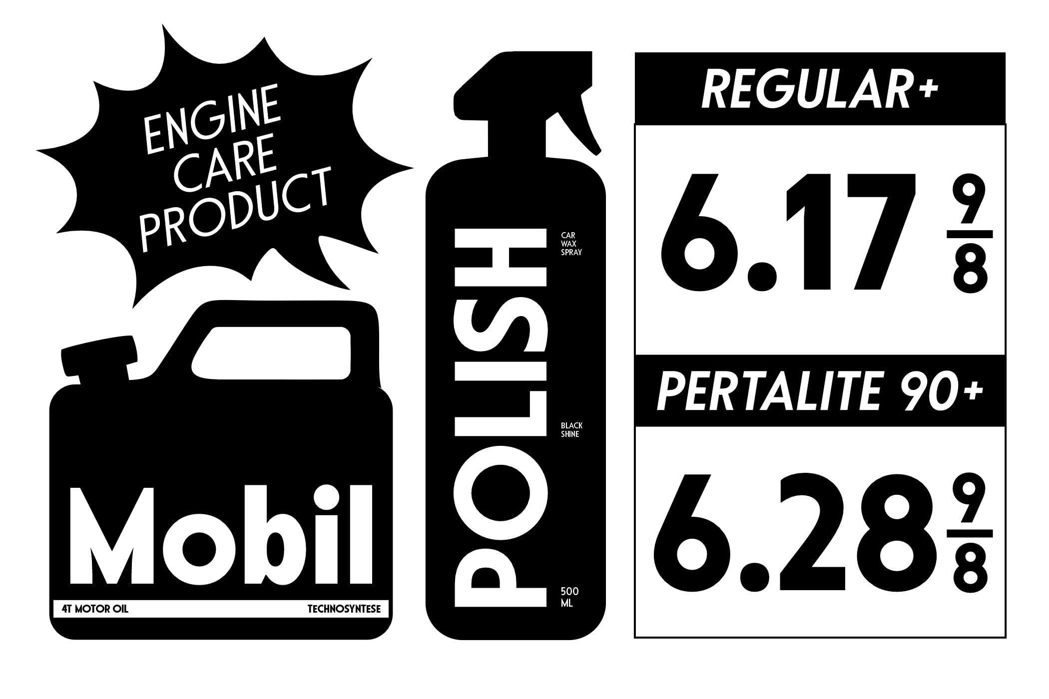 Black silhouettes of motor oil bottle, spray bottle, pricing chart for car care products mockup