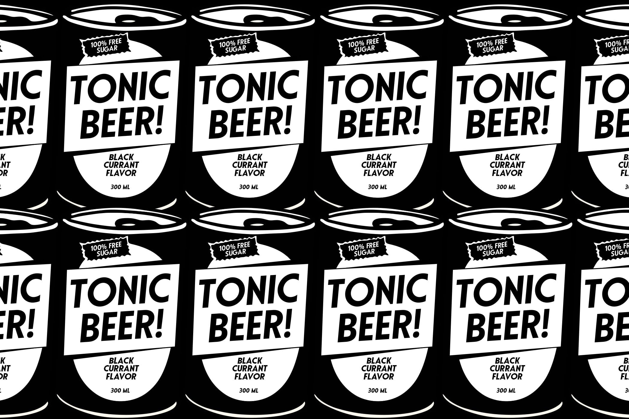 Repeating rows of black currant tonic beer cans with sugar-free labels on dark background
