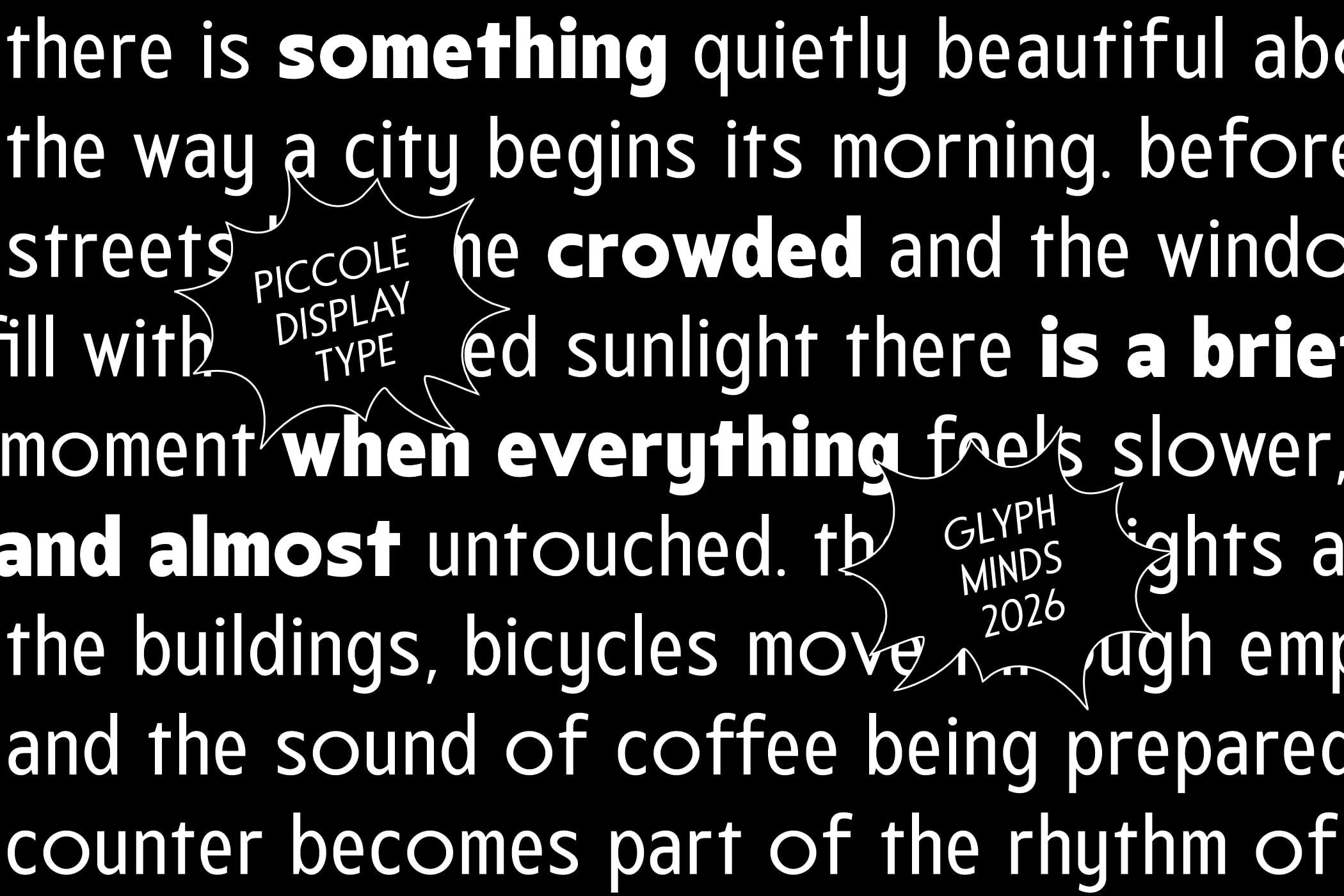 Piccole Display typeface specimen with poetic text about city mornings on black background