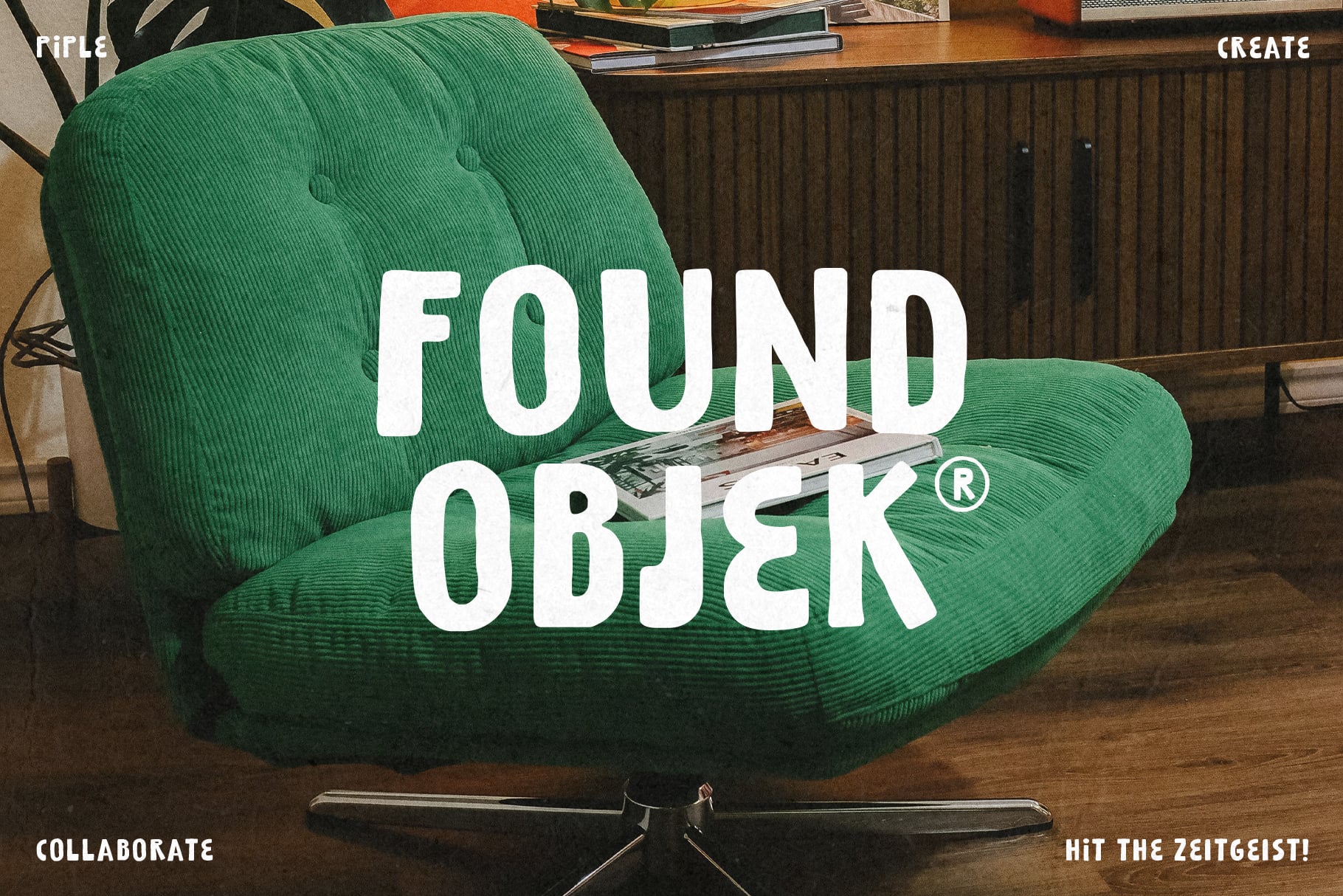 Green corduroy chair mockup with bold white text overlay in modern workspace setting