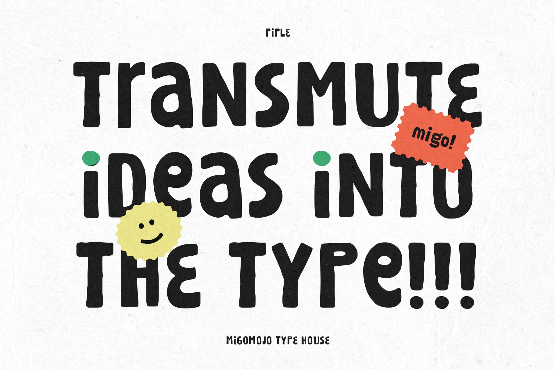 Rifle font displaying bold black letters with playful yellow smiley, red miso badge, green dots