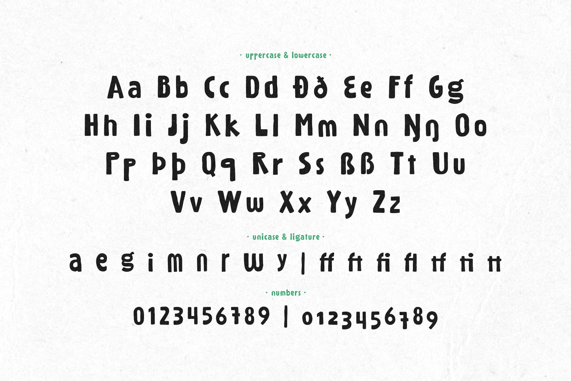 Bold slab serif font showing full character set with uppercase, lowercase, ligatures, plus numbers