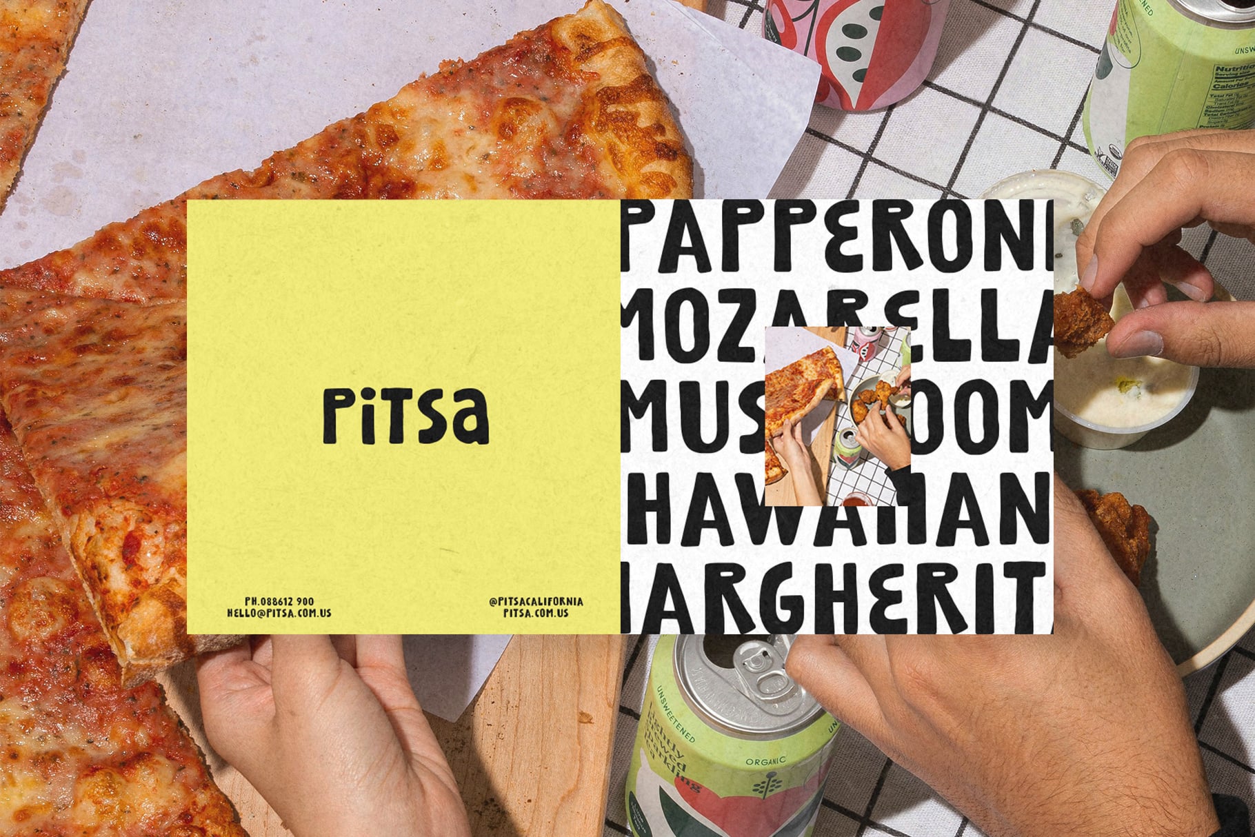 Hands holding open pizza box mockup with bright yellow cover over flat lay of slices, soda cans, napkins