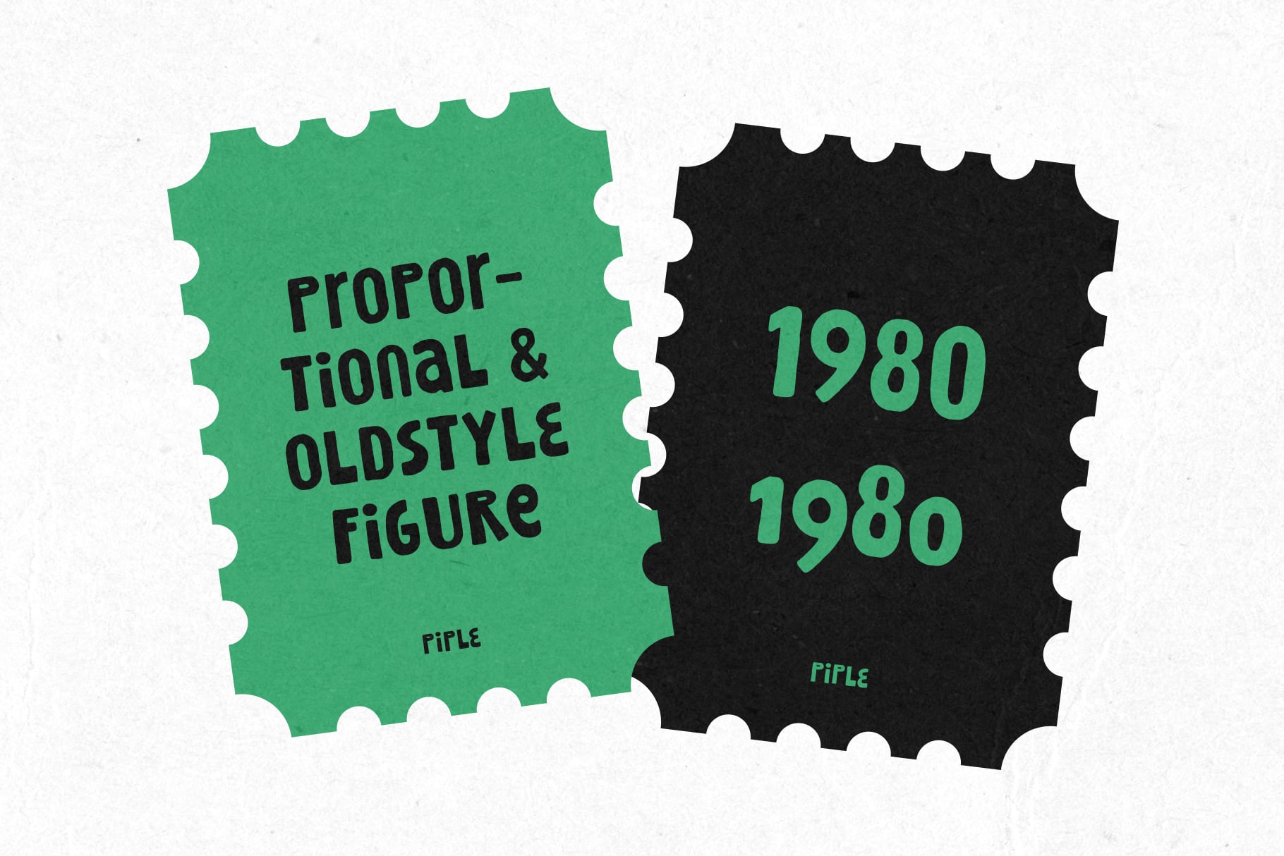 Retro badge shapes in green with black text, one says proportional oldstyle figure, other shows 1980 twice
