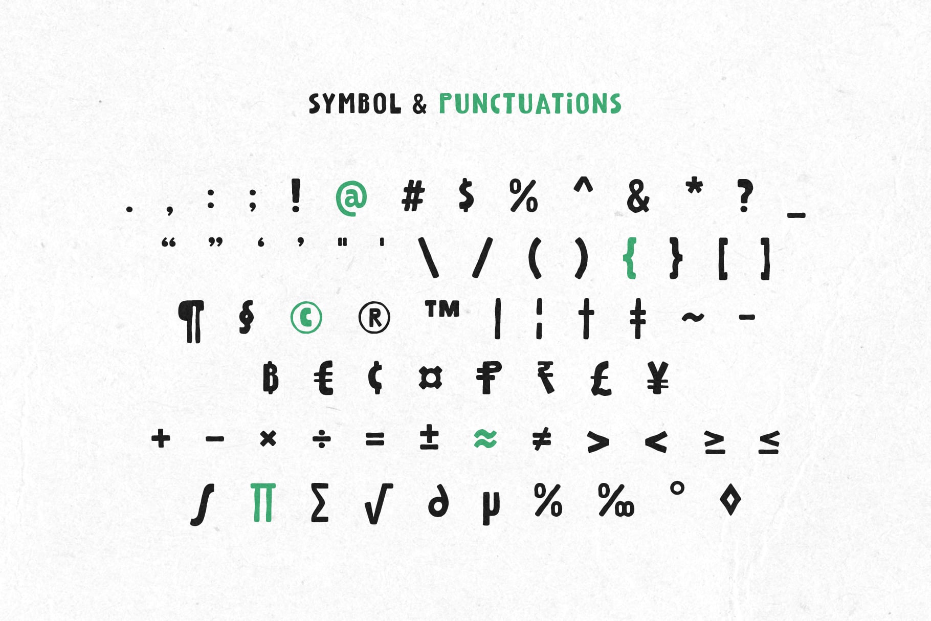 Comprehensive symbol set showing punctuation marks, currency symbols, mathematical operators with teal accents
