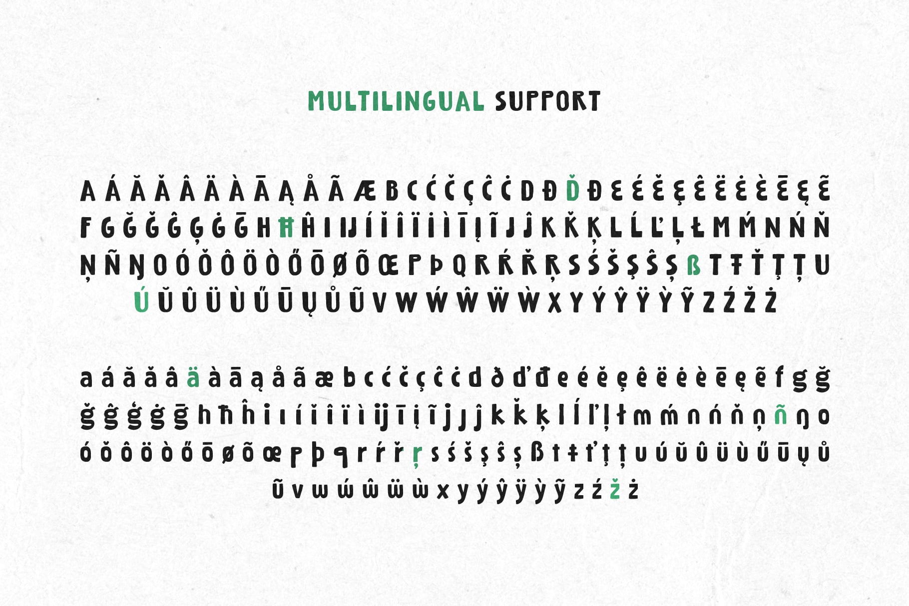 Font character set showing multilingual accents, diacritics, plus uppercase, lowercase, numerals
