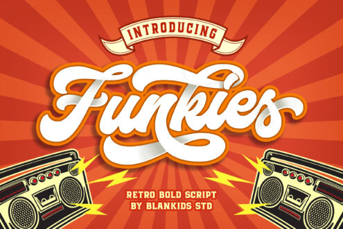 Funkies retro script font with orange outline, boomboxes, radiating sunburst background, 90s vibe