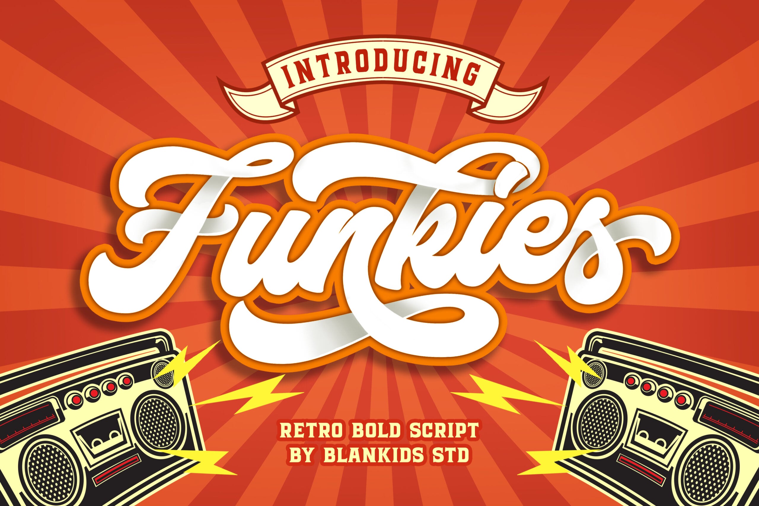 Funkies retro script font with orange outline, boomboxes, radiating sunburst background, 90s vibe
