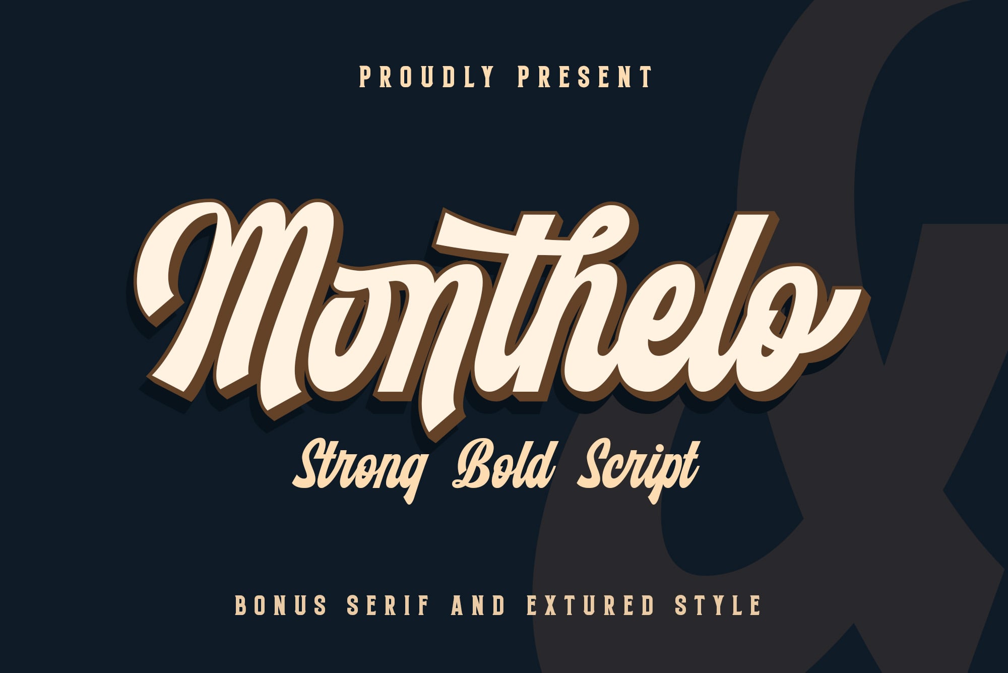 Monthelo vintage script font with cream lettering on dark blue background