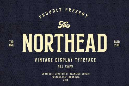 Northhead vintage display typeface in all caps with cream lettering on dark textured background