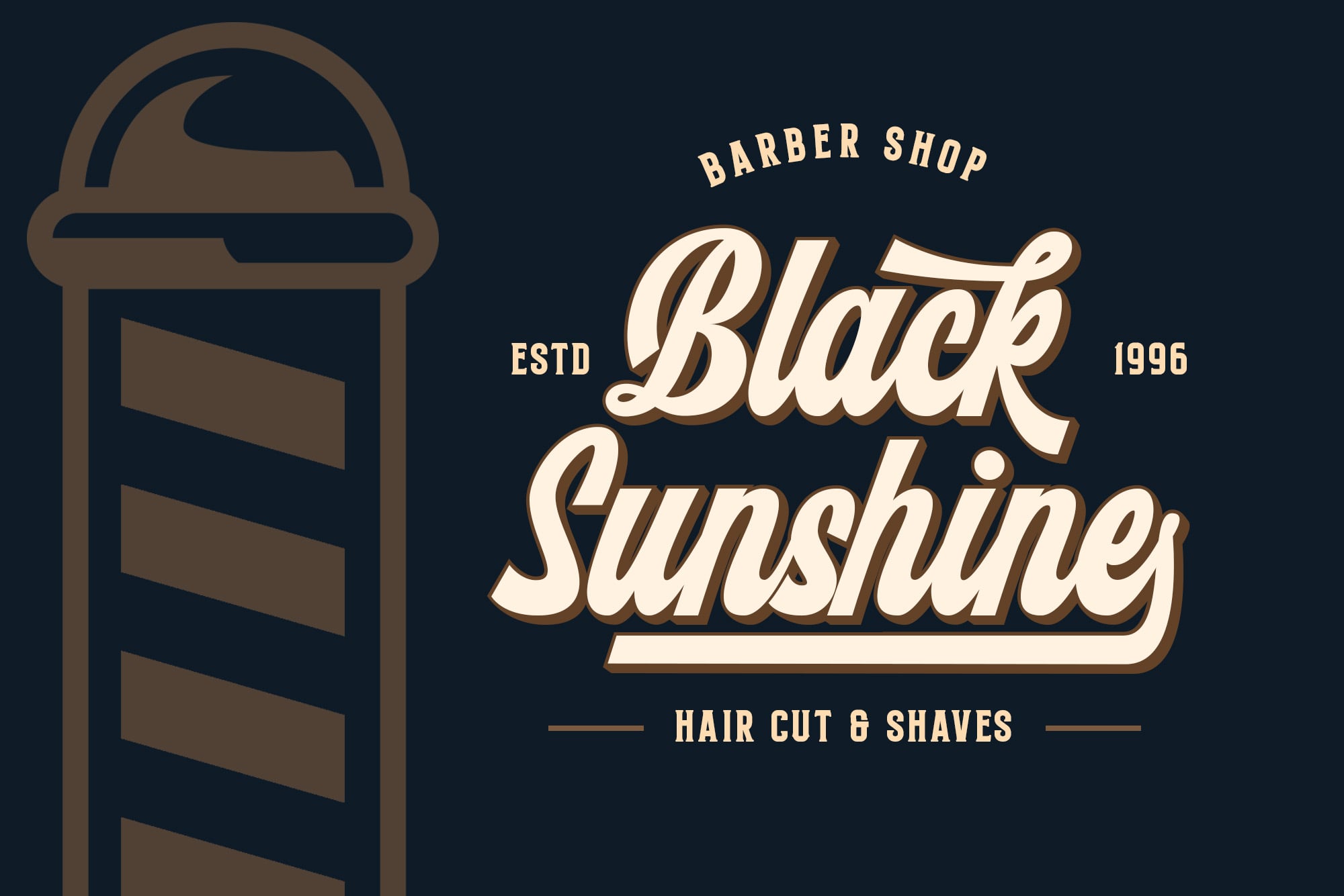 Vintage barber pole logo design with cream script lettering on dark navy background