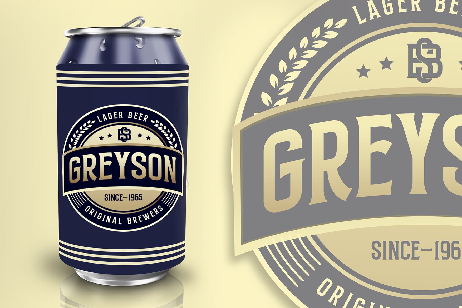 Greyson lager beer can mockup with matching circular badge label on cream background