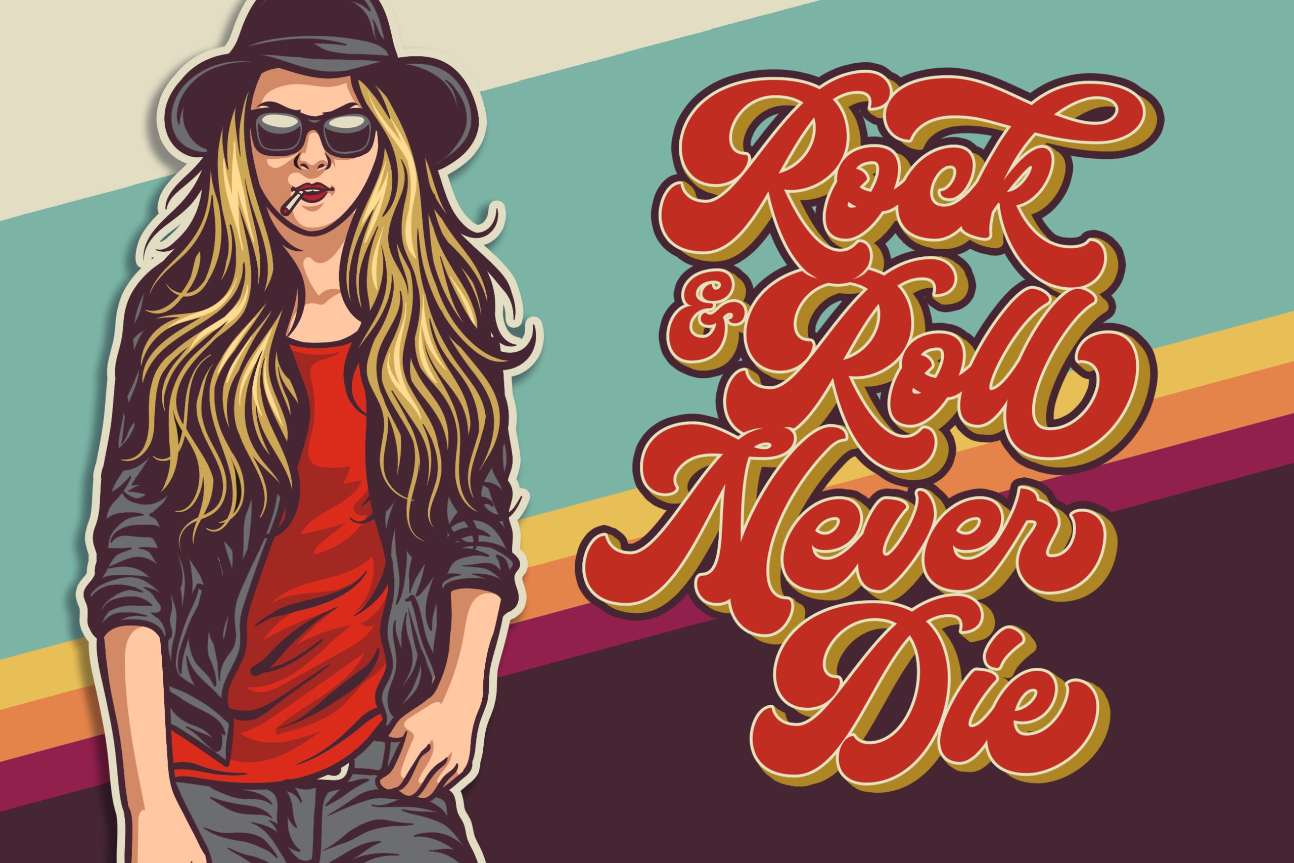 Retro pop art illustration of cool girl in hat with 70s rainbow stripes, rock rebel typography
