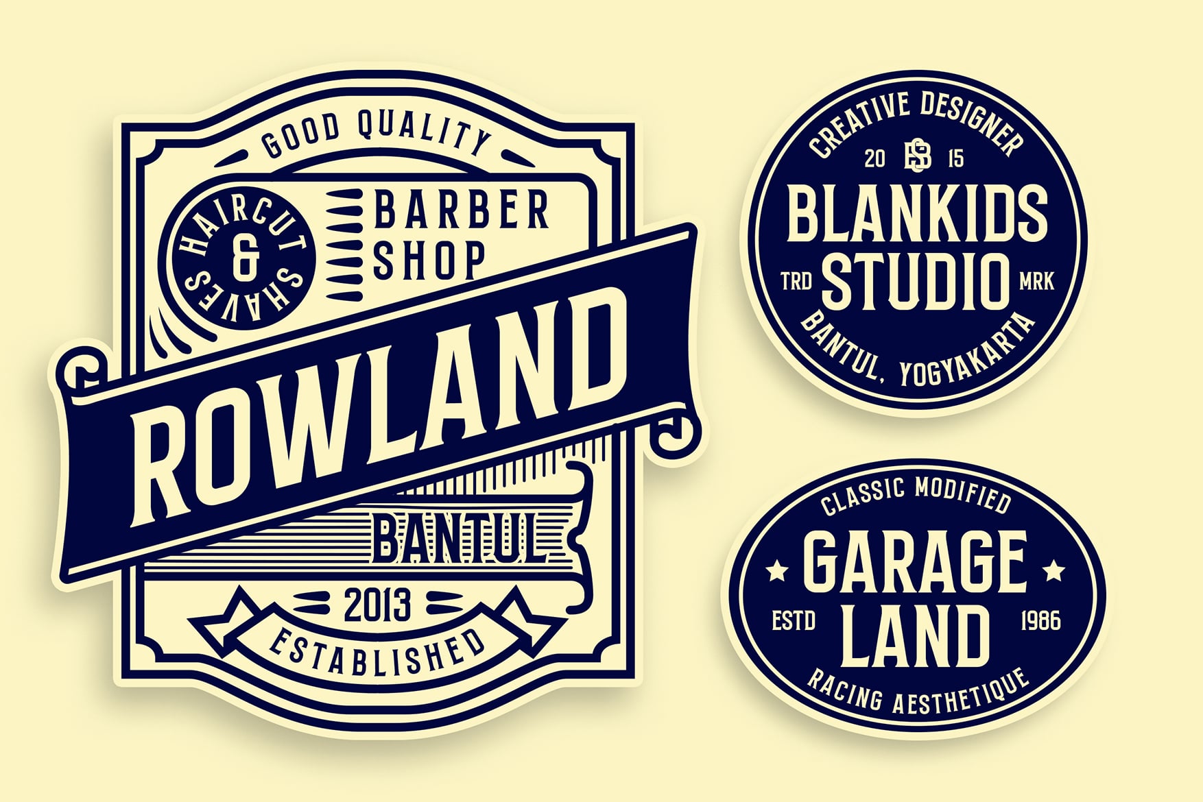 Vintage-style badge pack with barber shop, design studio, garage logos in navy blue