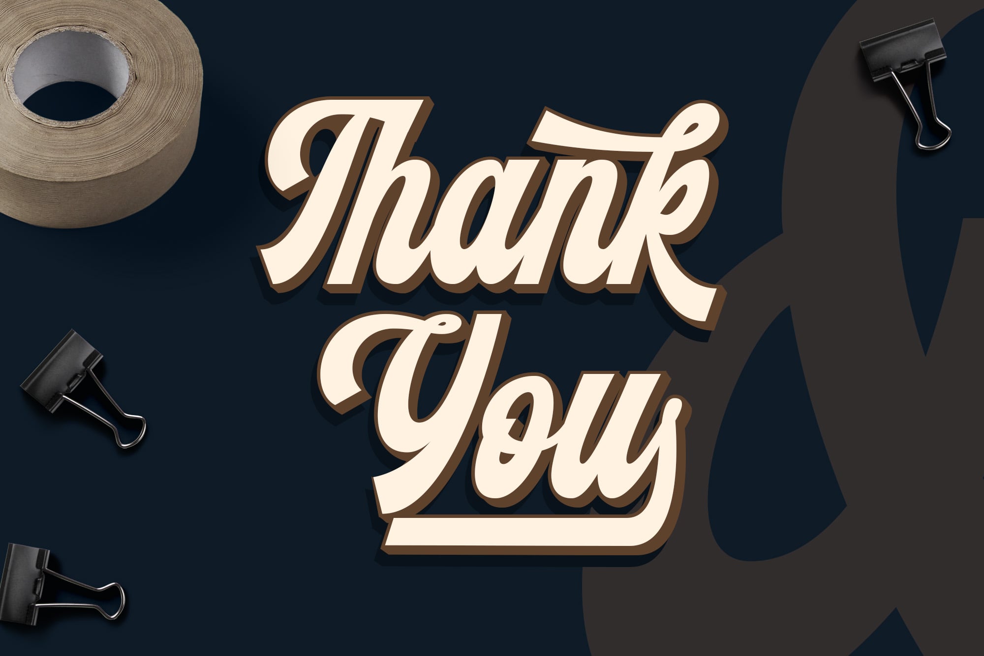Retro cream serif lettering saying "Thank You" surrounded by tape, binder clips, torn paper on navy background