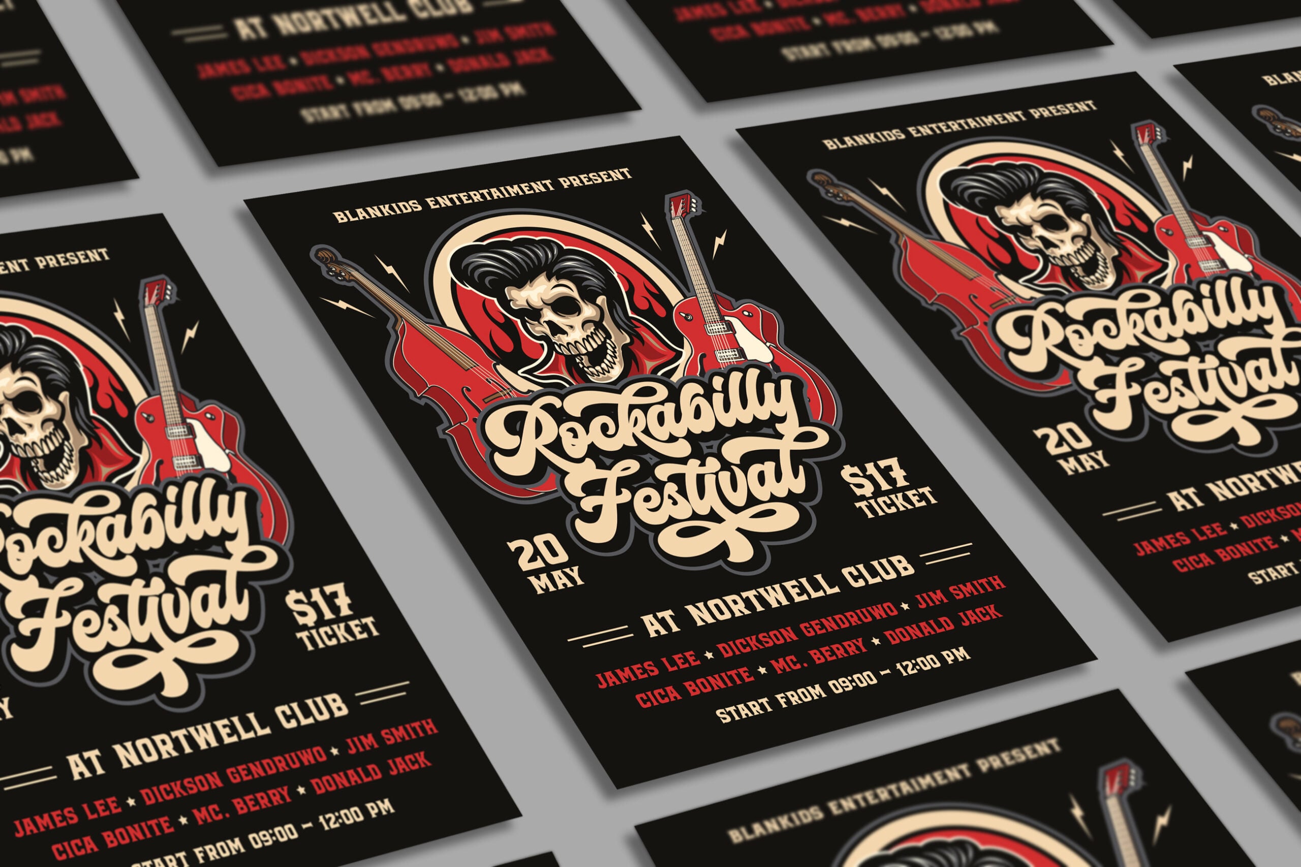 Rockabilly festival event flyers spread out with skull guitar artwork, cream lettering on black