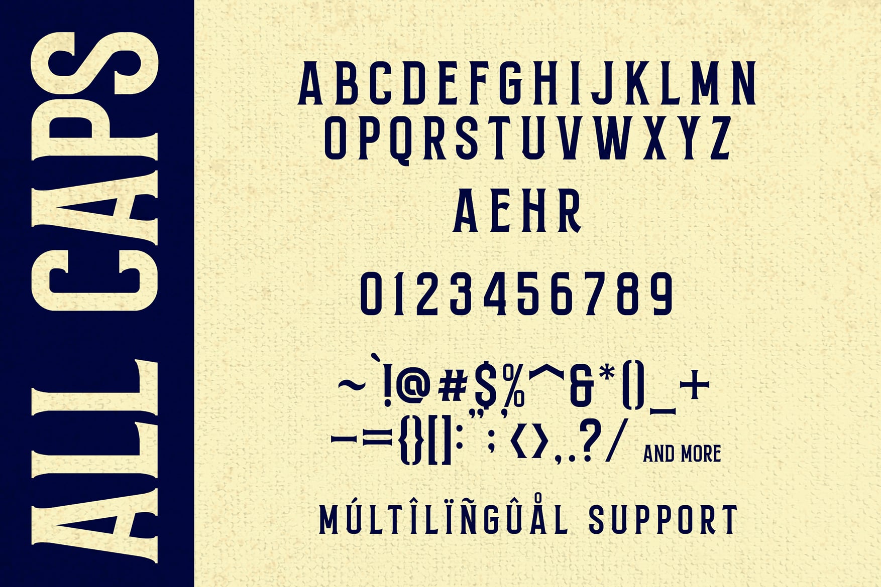 Vintage serif typeface sample showing full alphabet, numbers, special characters with multilingual accents on cream textured background