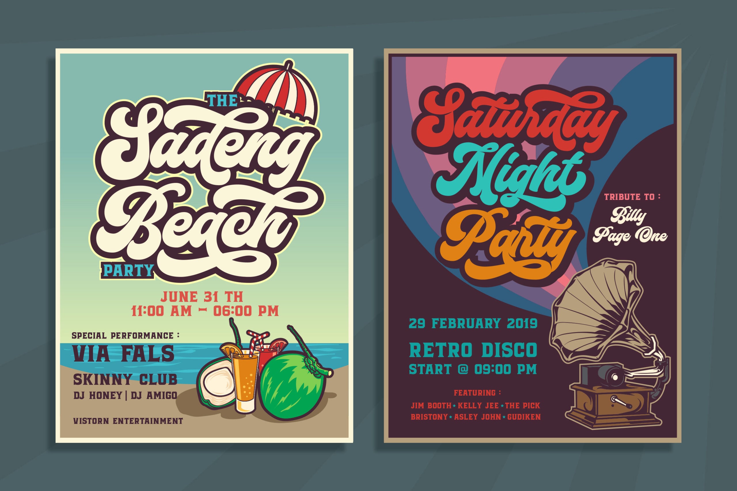 Two retro party posters with groovy lettering, one beach themed with cocktails, one disco with a gramophone