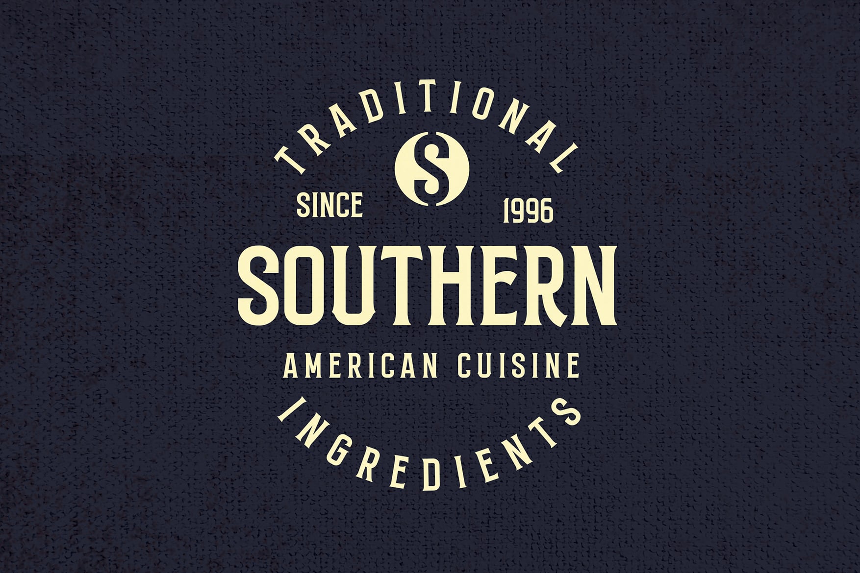 Vintage circular logo with cream text on dark textured background saying Traditional Southern American Cuisine Since 1996