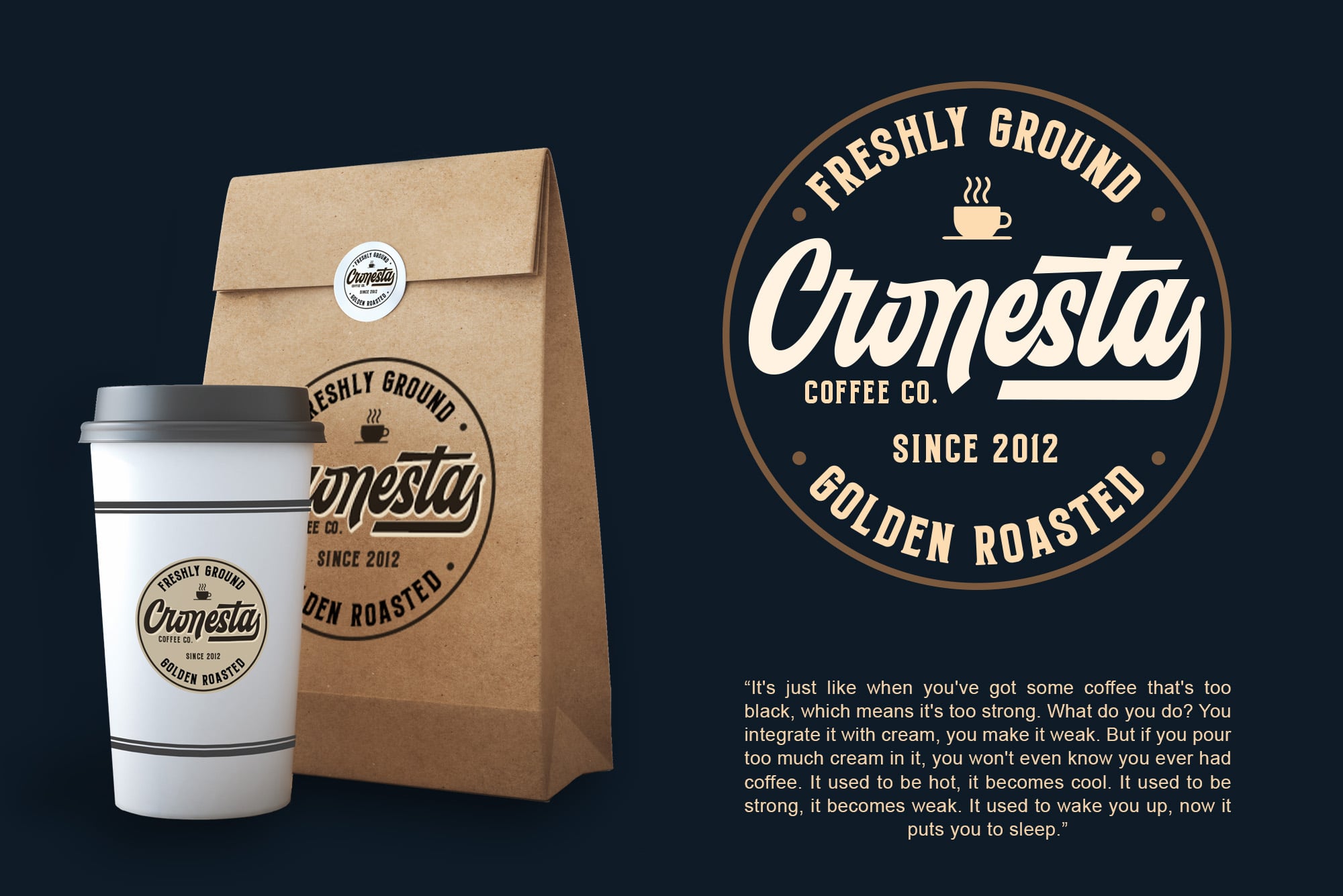 Coffee shop branding mockup with kraft bag, cup, plus circular logo badge on dark background