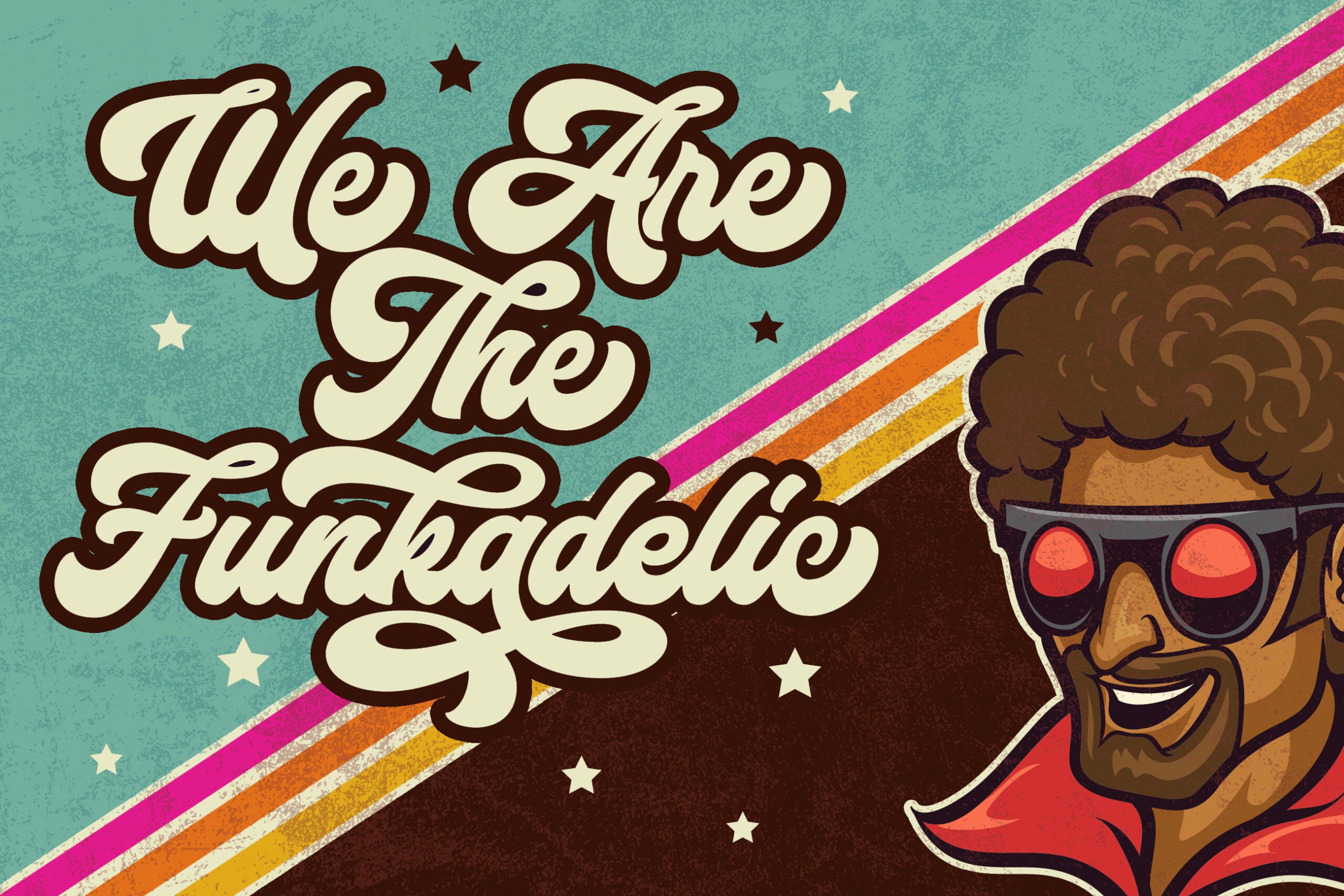 Retro 70s groovy typography with funky character wearing shades on turquoise background