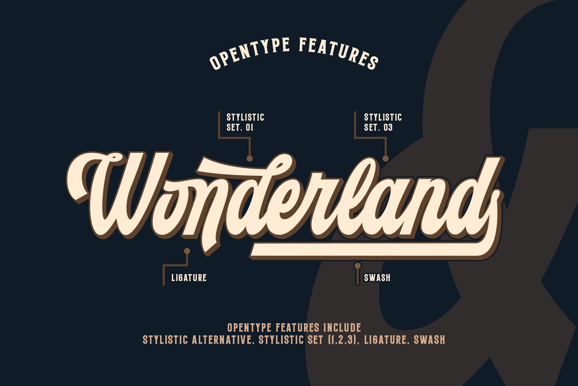 Wonderland script font with stylistic sets, ligatures, swash alternates on dark blue background