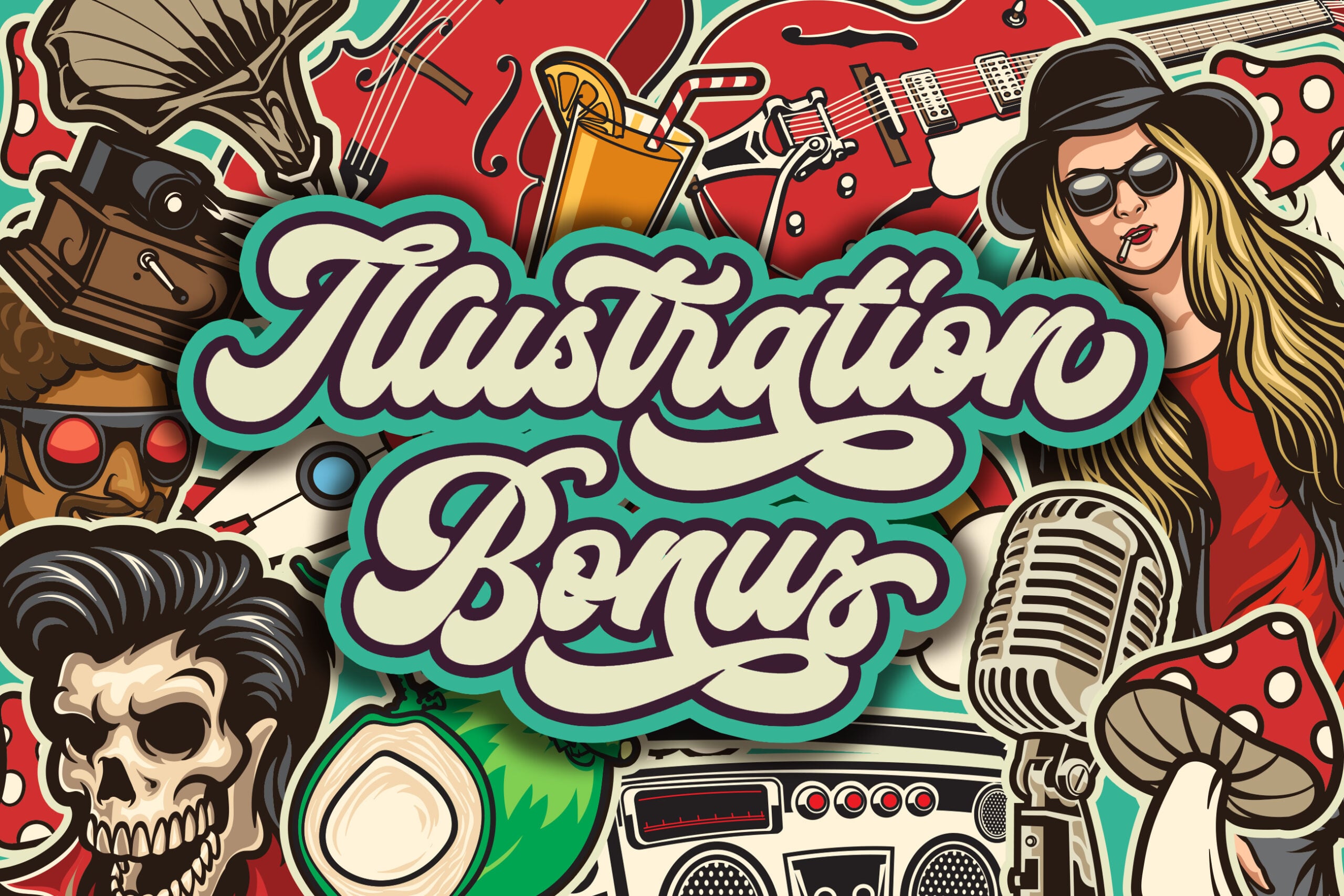 Retro illustration featuring music, skull, guitar, microphone, cool girl with sunglasses surrounded by red teal cream colors