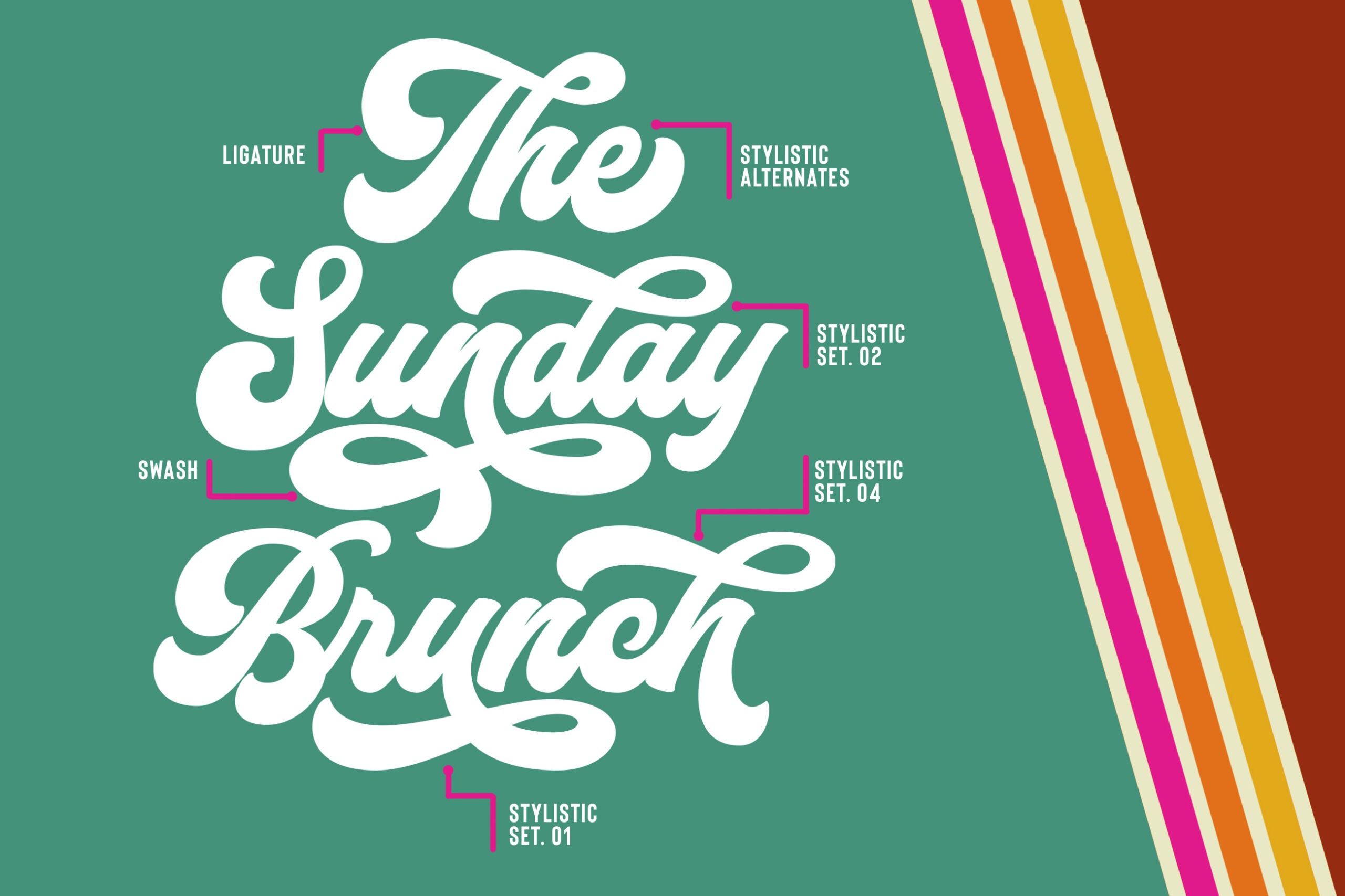 Sunday Brunch script font with ligature swashes, stylistic alternates, labeled on teal background