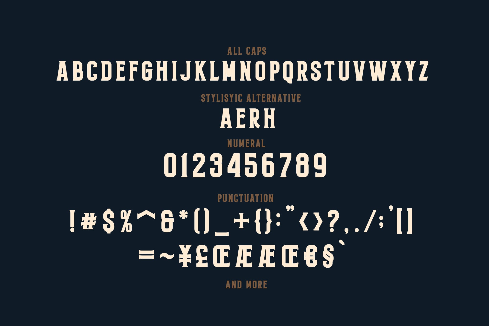 Bold slab serif font showing full character set with capitals, numbers, punctuation on dark background