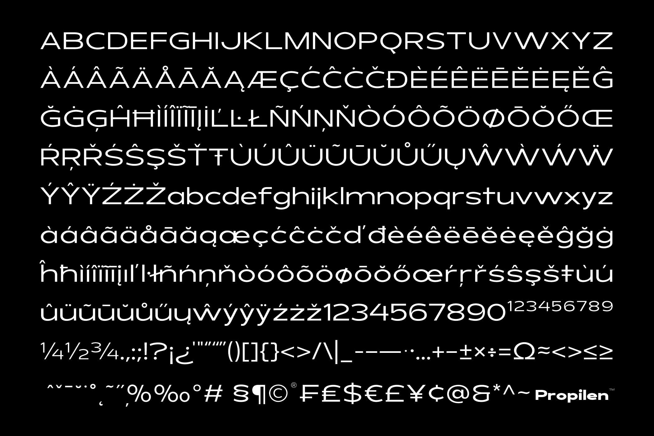 Propilen sans serif typeface showing uppercase, lowercase, accented characters, numerals, symbols on black background