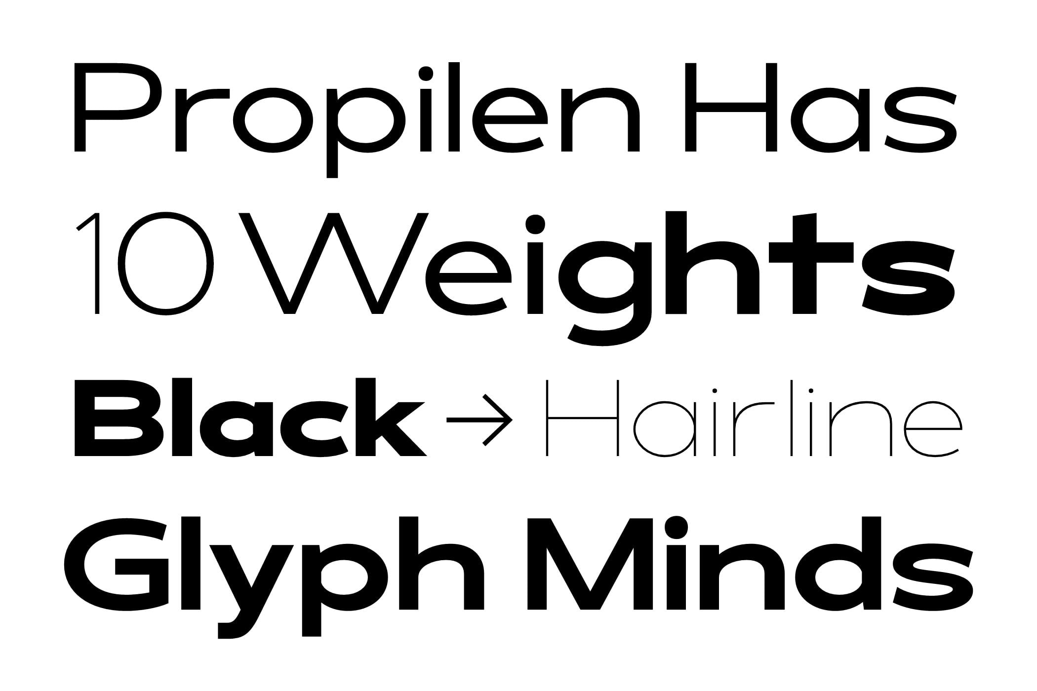 Propilen Has 10 Weights Black to Hairline Glyph Minds sans serif font family