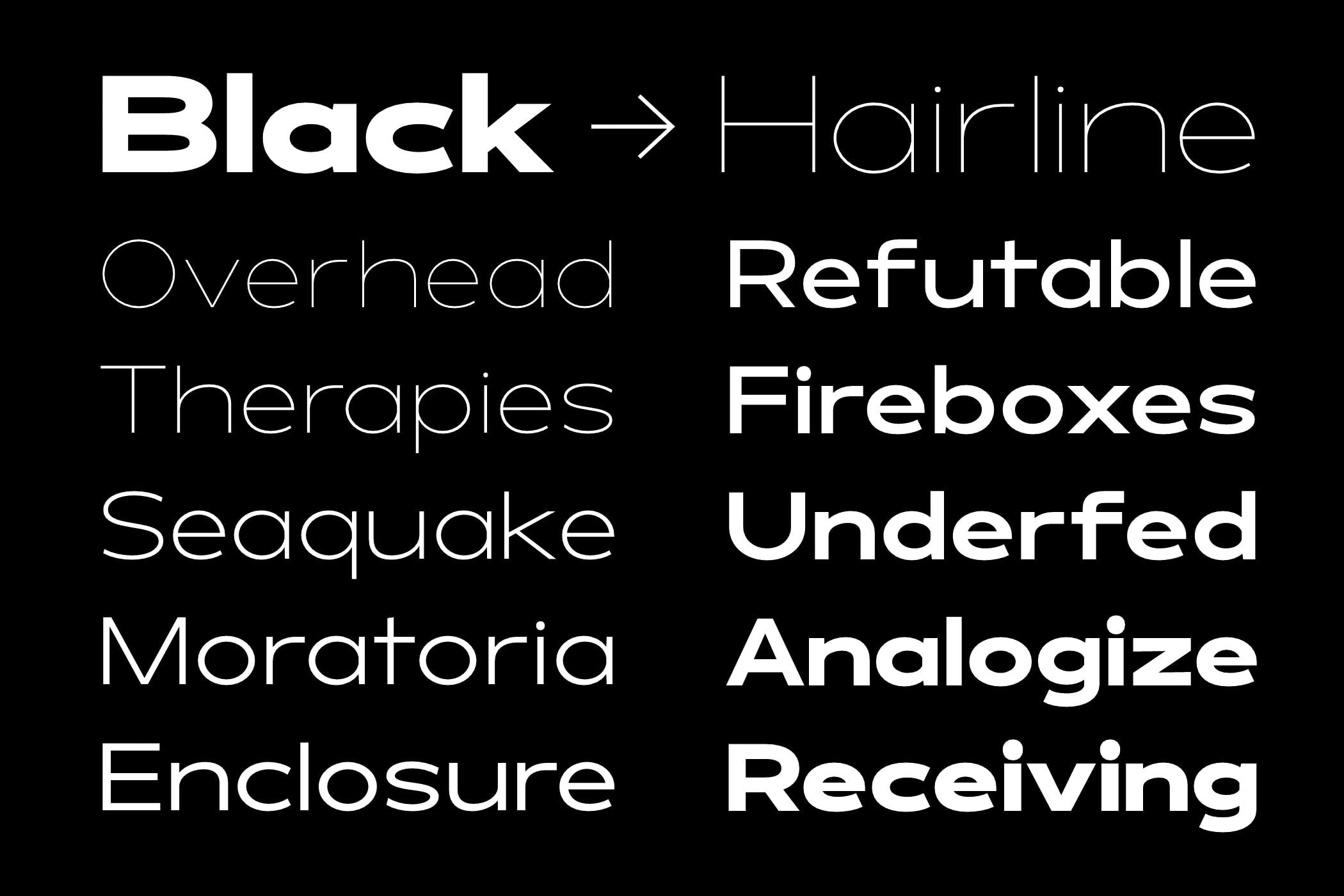Black Hairline font sample showing weights, styles, minimal serif typeface