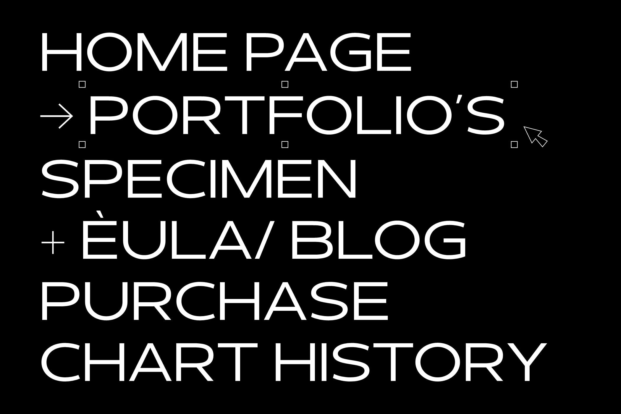 Minimalist black background with clean white outlined typography showing homepage portfolio specimen plus eula blog purchase chart history text layout