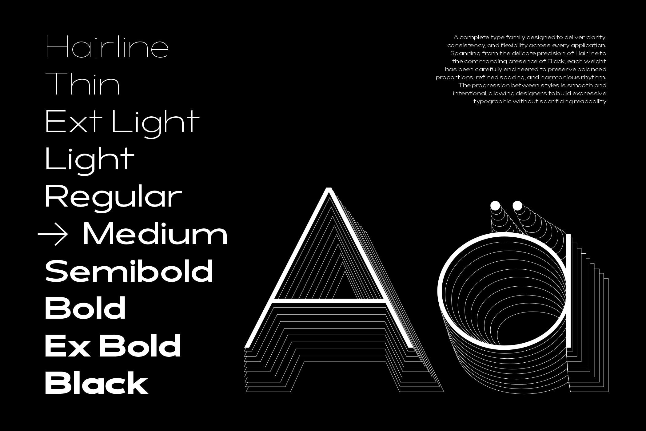 Hairline typeface weights displayed with geometric letterforms on black