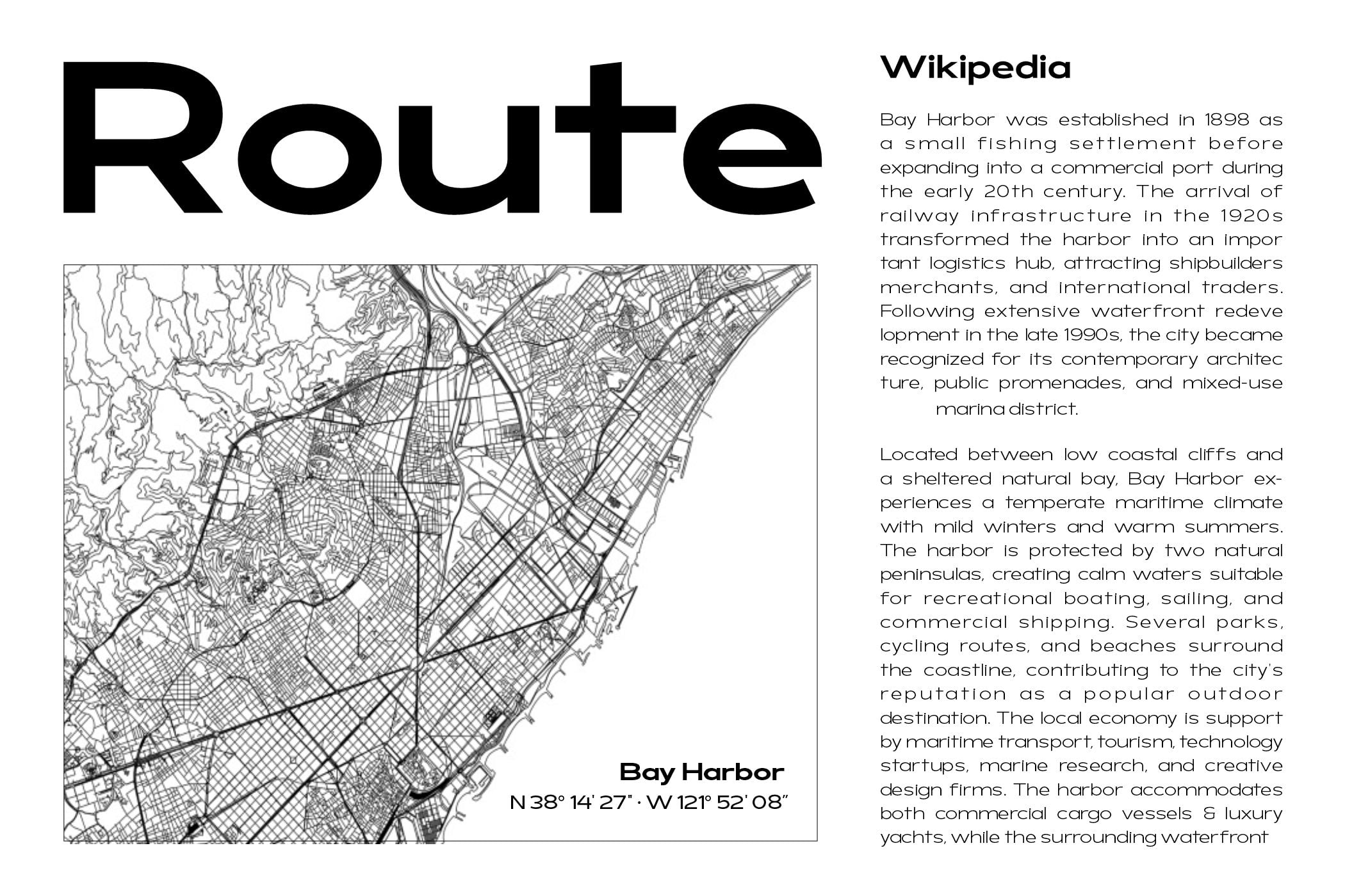 Minimalist route map of Bay Harbor with coordinates, Wikipedia layout mockup