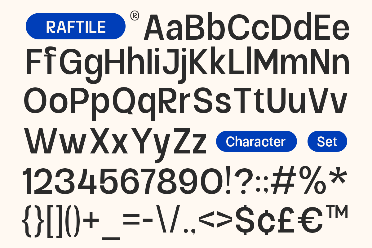 Raftile sans serif typeface showing uppercase, lowercase, numbers, plus symbols on cream background