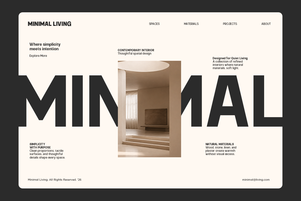 Minimal Living website homepage mockup with warm neutral interior photography