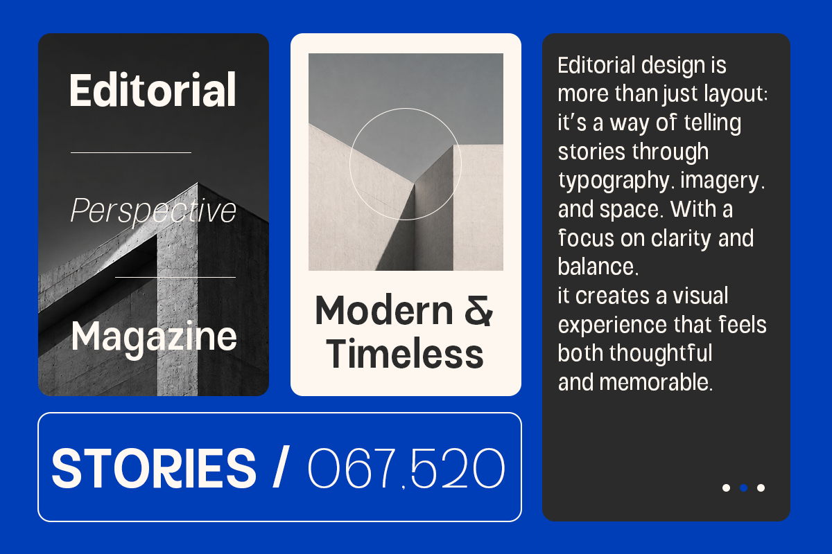 Modern editorial magazine mockup with geometric layouts, clean typography, minimal imagery on bright blue background