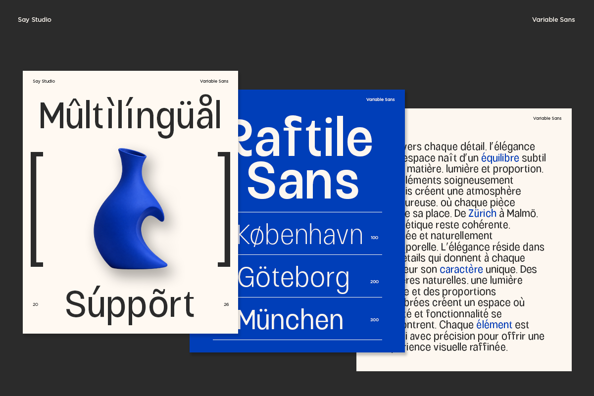 Variable Sans typeface specimen with multilingual layout, blue vase, city names