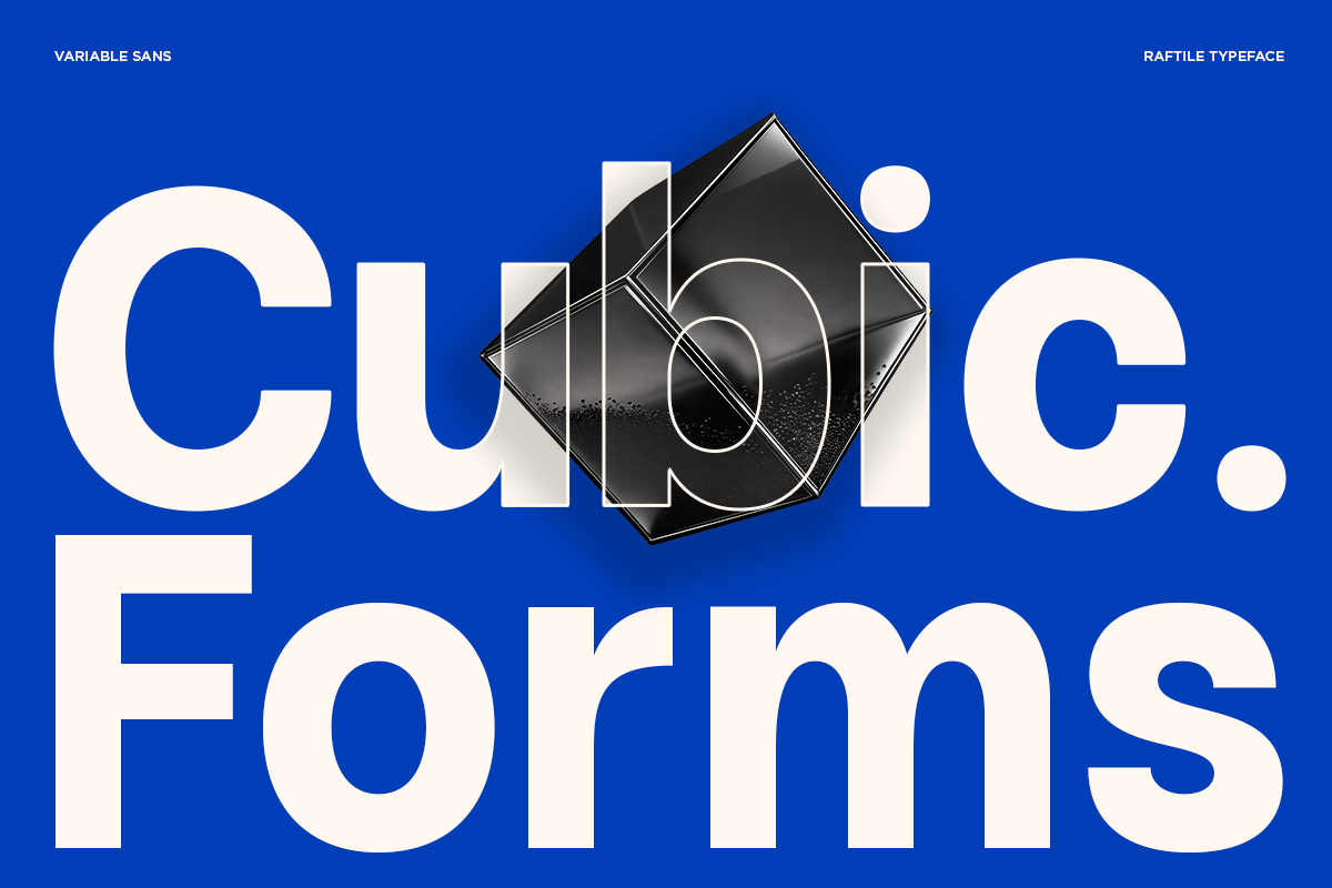Cubic Forms poster with bold white Variable Sans typography on bright blue background
