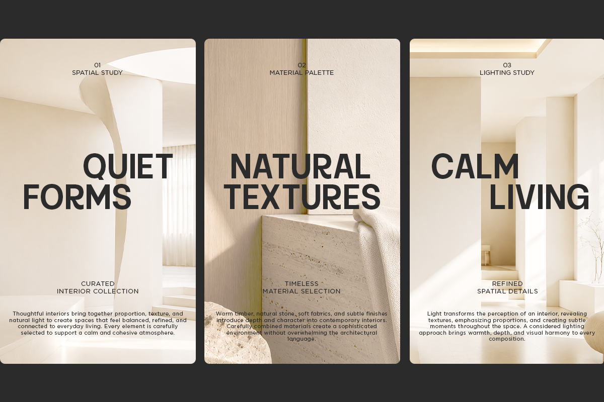 Three minimal interior mood boards showcasing neutral palettes, textures, materials