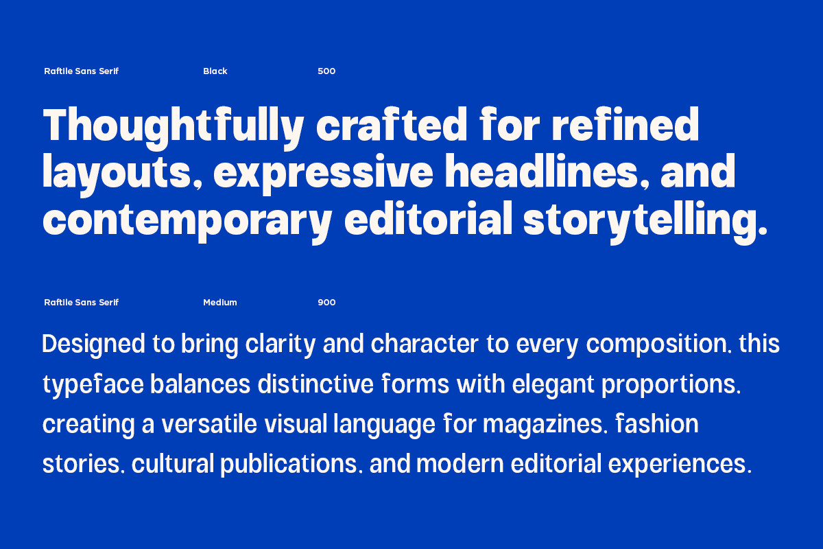 Raftile Sans Serif font family displayed in Black 500 plus Medium 900 weights on bright blue background