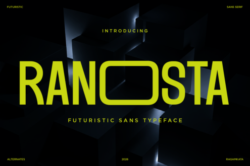 Ranosta futuristic sans typeface in neon yellow with 3D geometric shapes on dark background