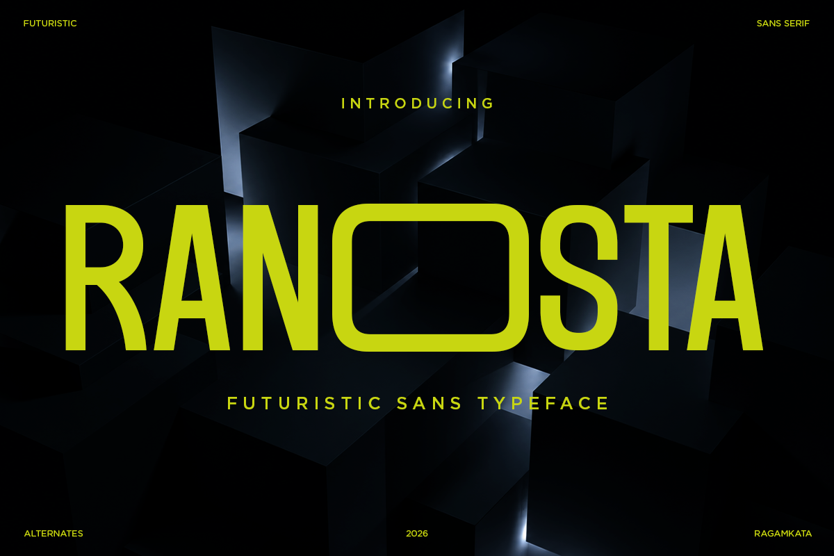 Ranosta futuristic sans typeface in neon yellow with 3D geometric shapes on dark background