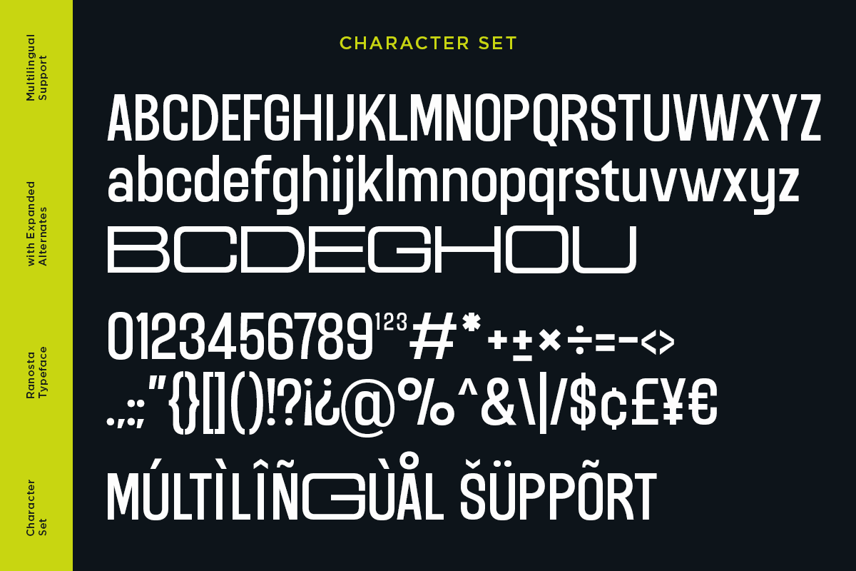 Rounded typeface character set showing uppercase, lowercase, numbers, symbols with multilingual support