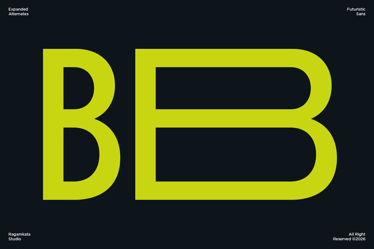Futuristic Sans font showing expanded alternates with neon yellow letterforms on dark background