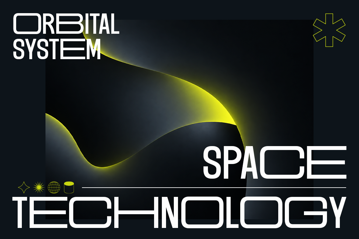 Orbital System Space Technology poster with neon yellow curves on dark background