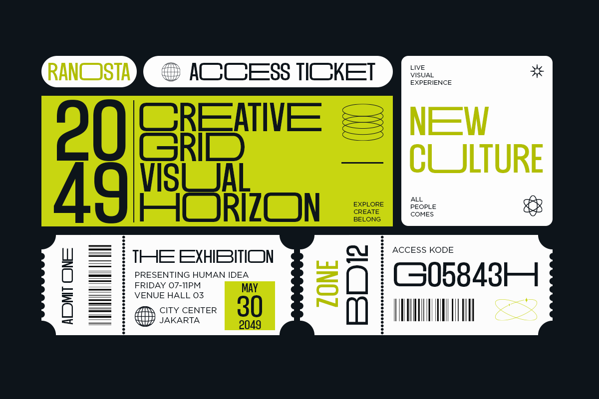 Event ticket mockup with neon yellow, black, modern typography for creative grid exhibition